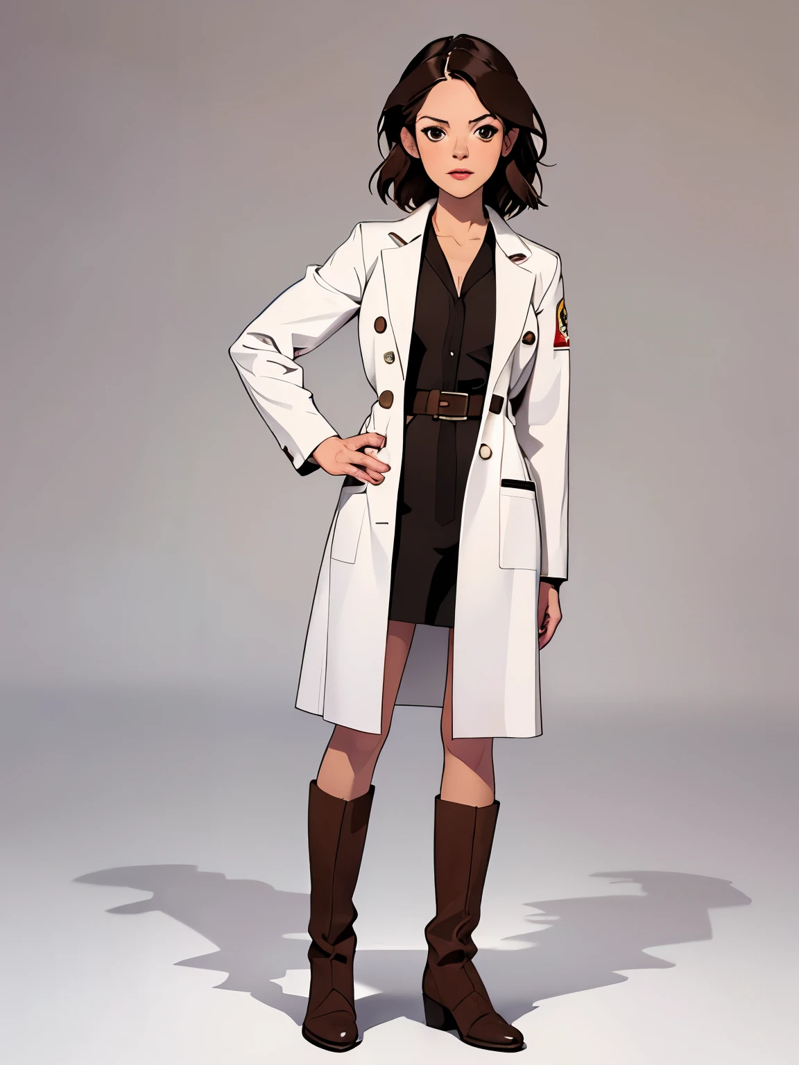 masterpiece, best quality, full body,1girl,the highest image quality, 31-year-old mature woman, looks like Rachel Bilson, RachelBilson, short brown hair, brown eyes, wearing a white doctors uniform, boots, White background, empty background, full body, standing normally