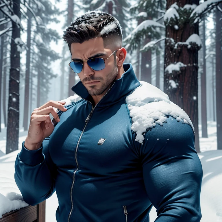 a very handsome man, sunglasses, mid fade haircut, massively muscular, massively large muscles, blue zip-up sweatshirt and shorts, snowy forest, covered in snow, close-up