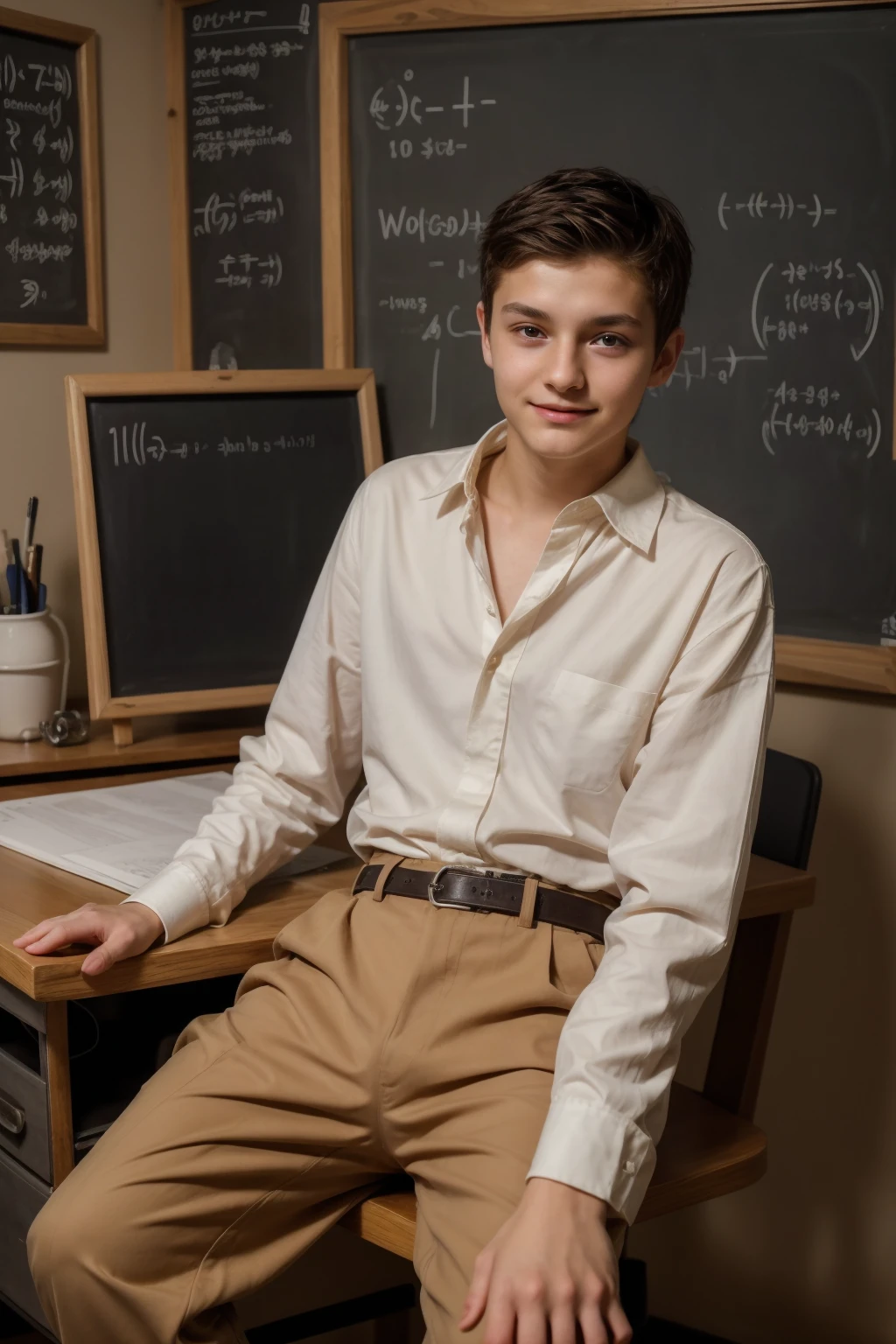 A beautiful young male twink with black hair and a face with make-up on it. He has a white face and he is wearing a white long-sleeved shirt with a tight fit and aqua blue pants. He is in his scientific office and behind him is a blackboard on which is written the shape of the brain and its anatomy and mathematical equations and he is sitting.  On a desk