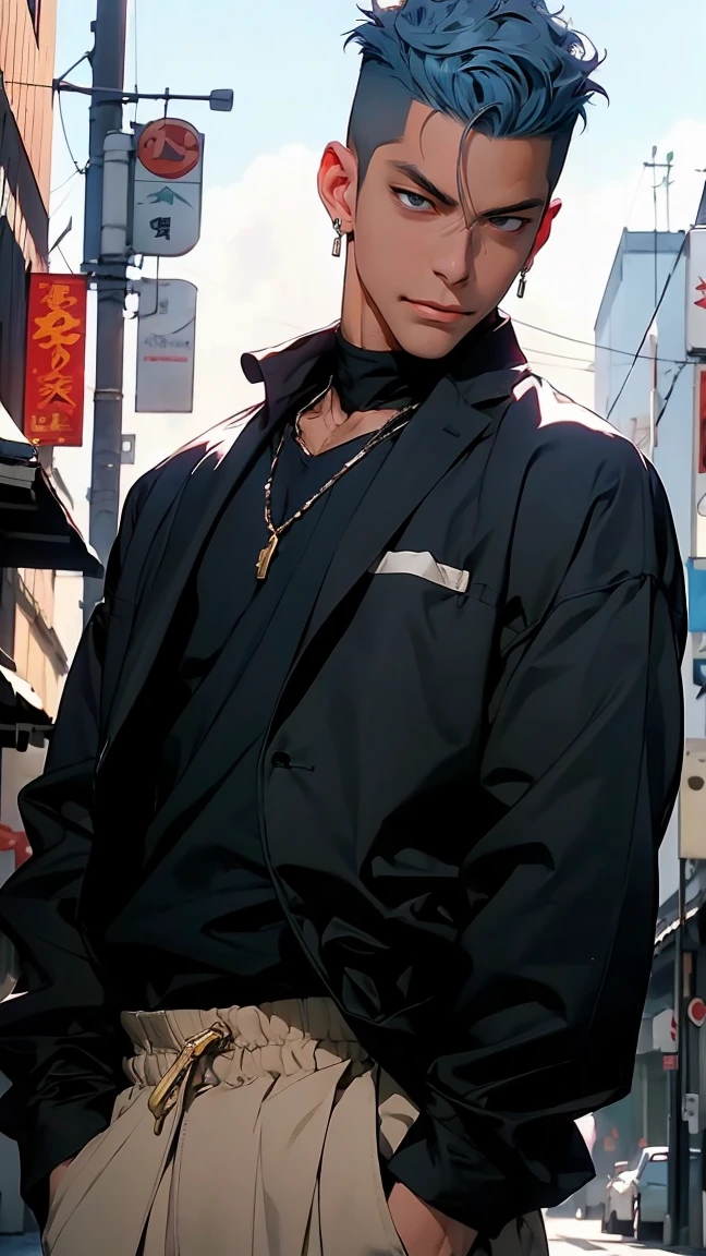 highest quality, 8K, high resolution image, anime style Jujutsu Kaisen, detailed strokes, slightly tanned skin, blurry, smile, purple light reflecting from it, (close angle), 1 man, young, male, model, cool guy, muscular, blue Eyes, light blue hair very short hair, brown hair, short hair, hairstyle: undercut, hair slicked back, swollen chest, he is wearing a jacket Naked torso, and sweatpants, holding a katana in his hand, swordsman pose, gold link chain, background: city, Tokyo, business district, he is a swordsman