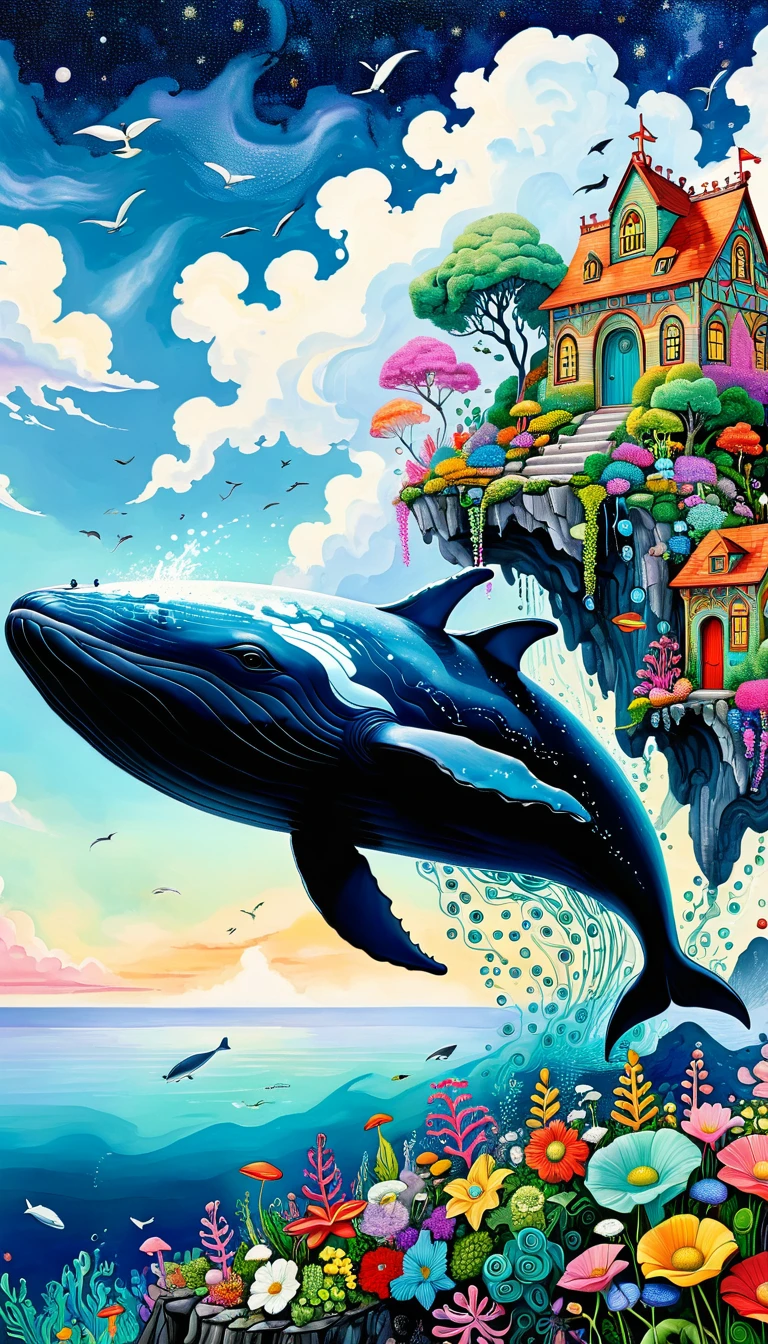 (((Flying Whale in the sky:1.37))).(((Colorful black，Dopamine color scheme)))，(((Peaceful seaside，House on the Rock)))，White Cloud、flowesh、Tentacles、bird、(((Eye)))、diatom，Abstract mosaic painting，Describing the inner world of autistic people，Large area of white，interesting，Innocence，Vision，Psychedelic Art，
