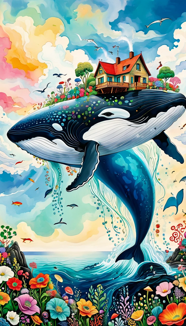 (((Flying Whale in the sky:1.37))).(((Colorful black，Dopamine color scheme)))，(((Peaceful seaside，House on the Rock)))，White Cloud、flowesh、Tentacles、bird、(((Eye)))、diatom，Abstract mosaic painting，Describing the inner world of autistic people，Large area of white，interesting，Innocence，Vision，Psychedelic Art，
