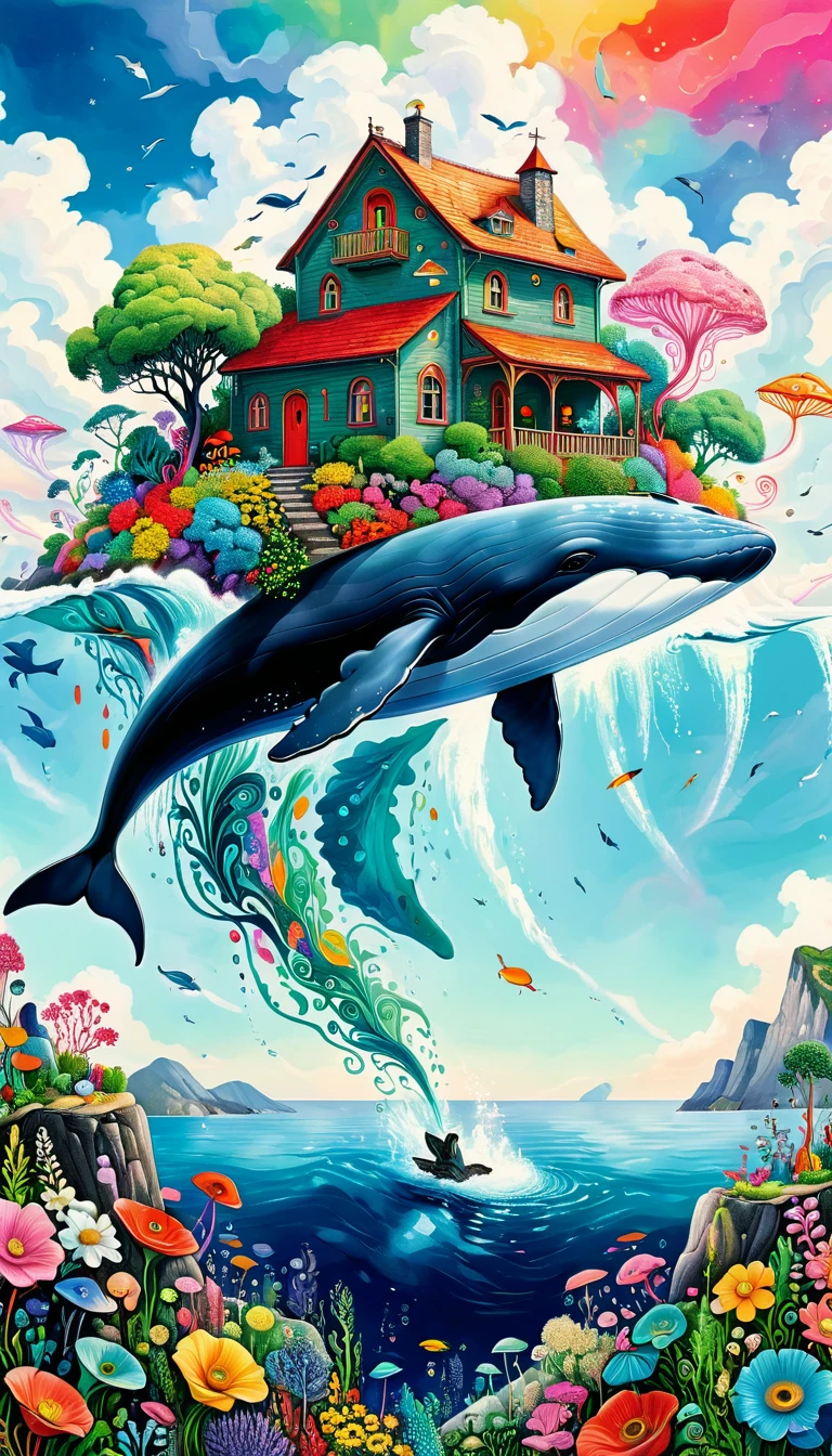 (((Flying Whale in the sky:1.37))).(((Colorful black，Dopamine color scheme)))，(((Peaceful seaside，House on the Rock)))，White Cloud、flowesh、Tentacles、bird、(((Eye)))、diatom，Abstract mosaic painting，Describing the inner world of autistic people，Large area of white，interesting，Innocence，Vision，Psychedelic Art，
