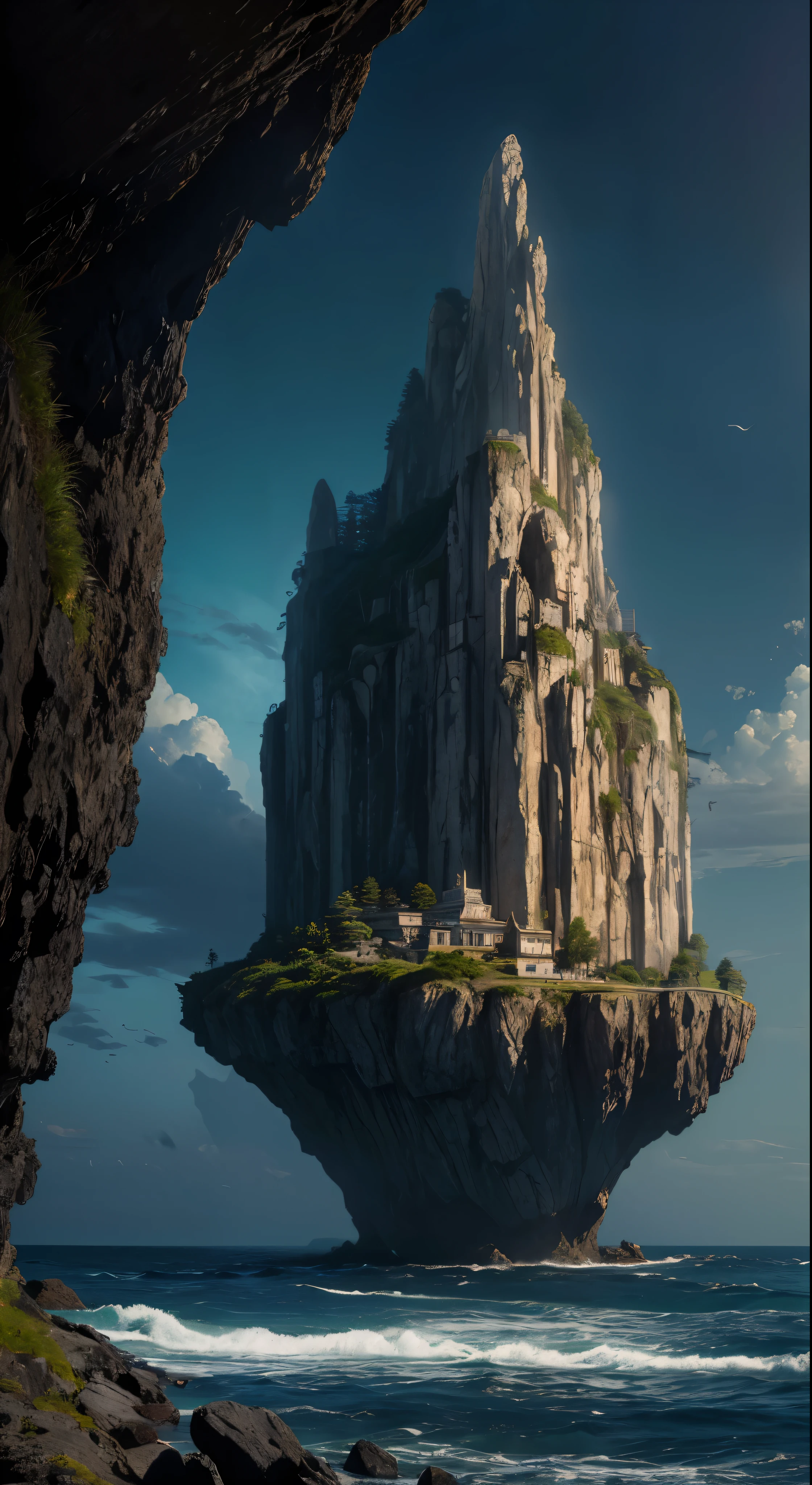(masterpiece、Highest quality:1.2)、Ultra-detailed、Cinematic lighting、HDR、An illustration、Giant rocks as habitats in the ocean、colorful、Procession stoneystery、High detail、High contrast、Golden ratio composition、Spectacular viewasterpiece、Like a fortress on the sea