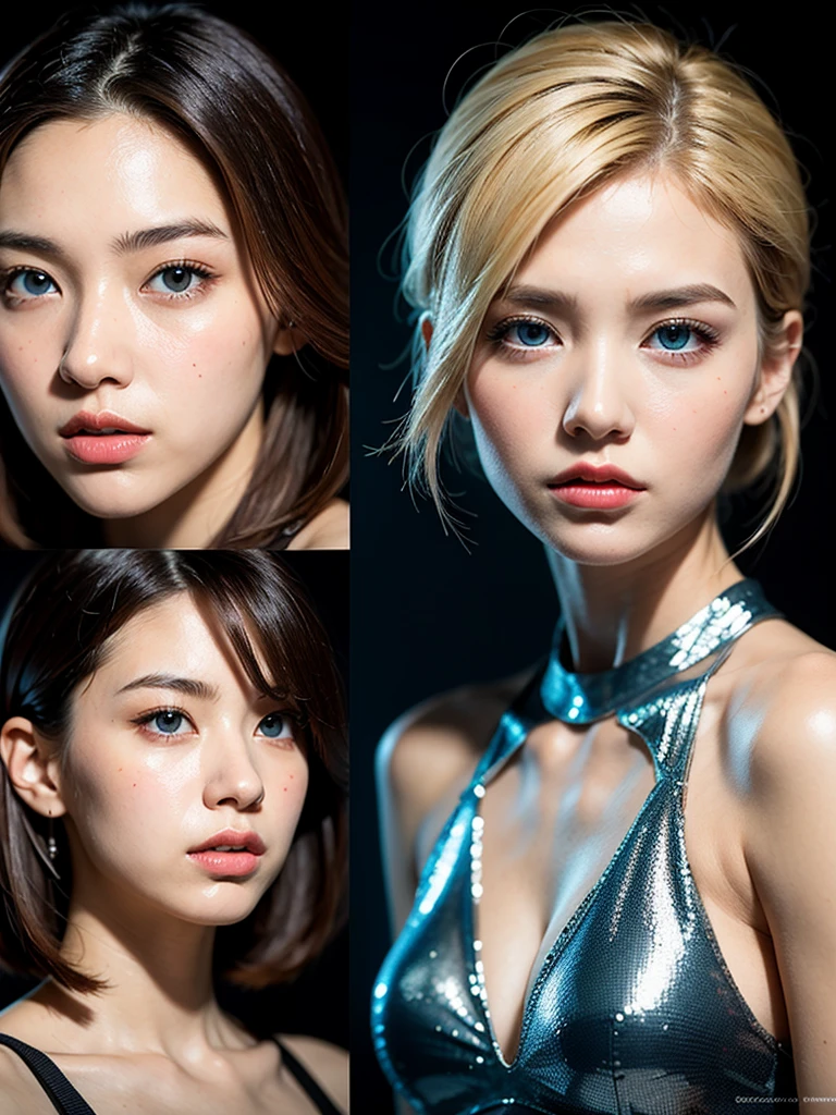 (Masterpiece), Realistic, (Portrait of a Girl) Asian, Beautiful Face, Sunlight, Cinematic Light, Bangs, Beautiful Woman, Beautiful Eyes, Blonde Hair, Perfect Anatomy, Very Cute, Princess Eyes , (Blue Eyes), (Head Frame), Center Image, Standardization, Bioluminescence, 8 Life Size, 8K Resolution Anatomy, WhiteLow cut dress, tiny blue details, human hands, curiously perfect, elegant, near perfect, dynamic, highly detailed, character sheet, concept art, smooth, facing viewer, body symmetrical and well balanced, stunningly beautiful teenage girl detailedHairstyle