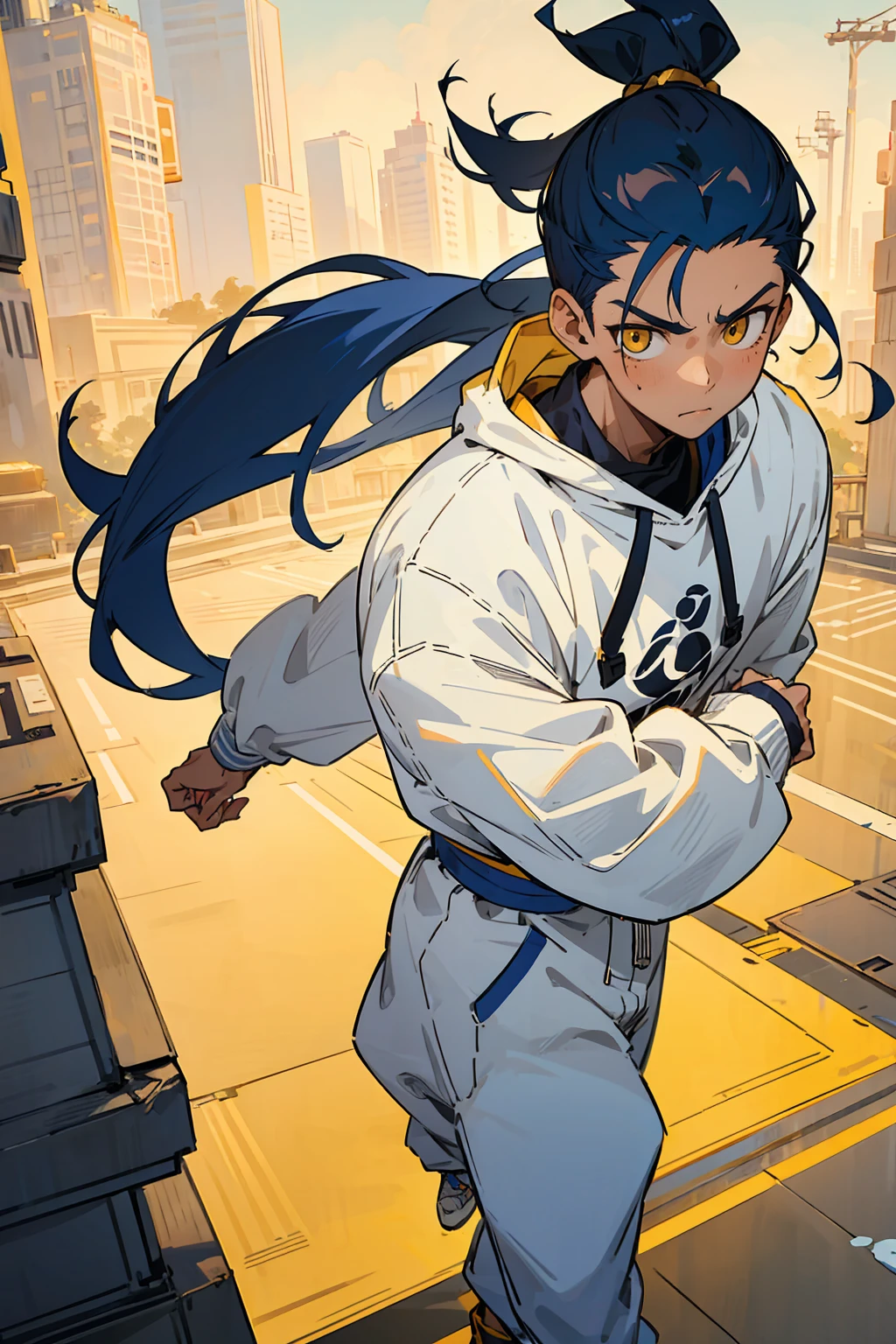 1male, teenager, navy blue hair, ponytail, man bun, messy hair, golden yellow eyes, calm expression, white sweatshirt, white joggers, white jordans, dark skin, standing on path, hands to side, city background, detailed background, detailed face