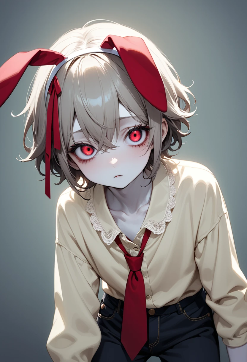 masterpiece, Highest quality, High resolution, One boy, Cream colored hair, Gray Hair, Pearly hair, Nice boy, Bunny ears, Loose-fitting clothing, Larger clothes, dark red eye, eyeの下のたるみ, dark circles under eye, やみcute, Fluffy hair, Voluminous Hair, skinny, slim, very skinny, Androgynous, cute, Spooky, short hair, Horror, Faded colors, White skin, Spooky, Unnaturally thin, Hungry, eye, eye in background, sharp eye, Long eyelashes, Under the lashes, Loose shorts, lace shirt, Frilled shirt, tie a ribbon around one&#39;s neck, Detailed clothing, A loose cardigan, Open cardigan, Dripping Blood, That&#39;s horrible, nightmare, Haunted, stitch, patchwork, String, Injury, hell, Injury on arms, self-harm, cut, Black Fingers, factory, Abandoned, Scattered, Shocking pink lipstick,, She&#39;s wearing cute makeup, Large breasts, 