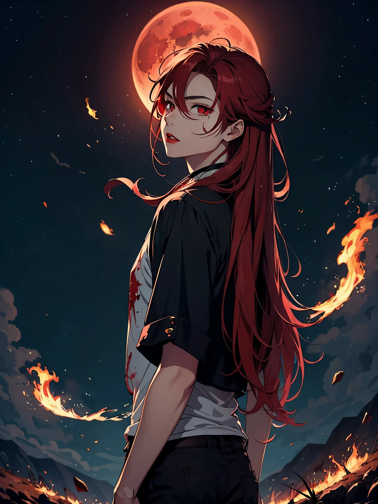 Red lipstick. 火. 火rote Haare. Red hair. Red eyeliner. Blood Moon. More anime. male. Long hair. Boy.