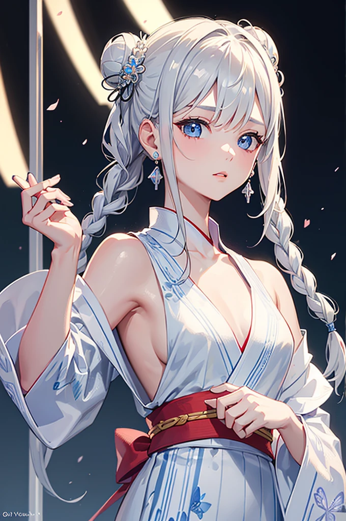 High resolution, masterpiece, accurate, Anatomically correct, Winner of numerous awards, Highest quality, High-resolution model, 
One girl, solo, 
Silver Hair、Side braids, Bun Hair, 
Crystal Earrings, White skin, Ice Blue Eyes Yukata, Butterfly Hair Ornament,Candy apple in one hand