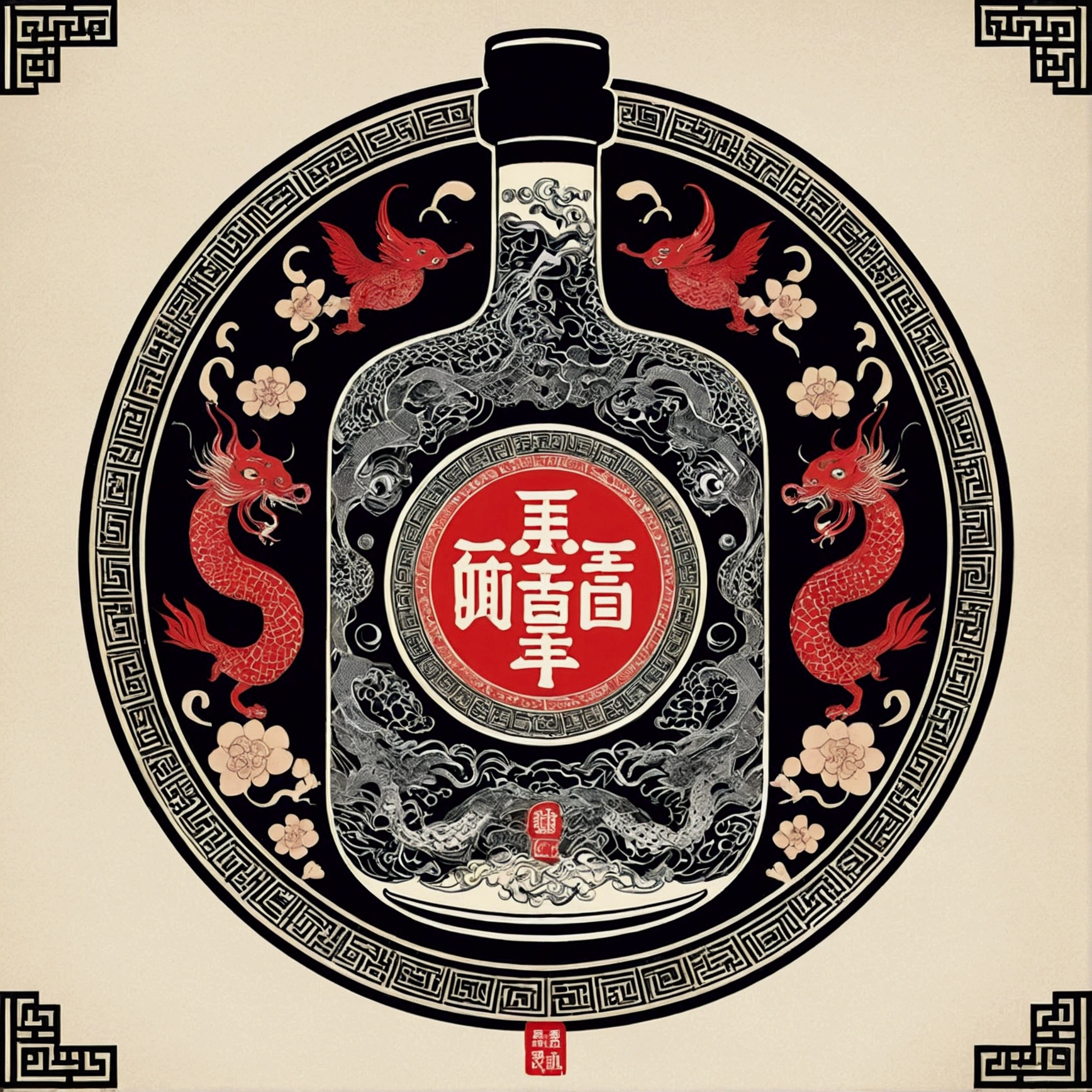 Noisy album cover，The main body is a bottle with Chinese mythology as the theme、Complex pattern liquor