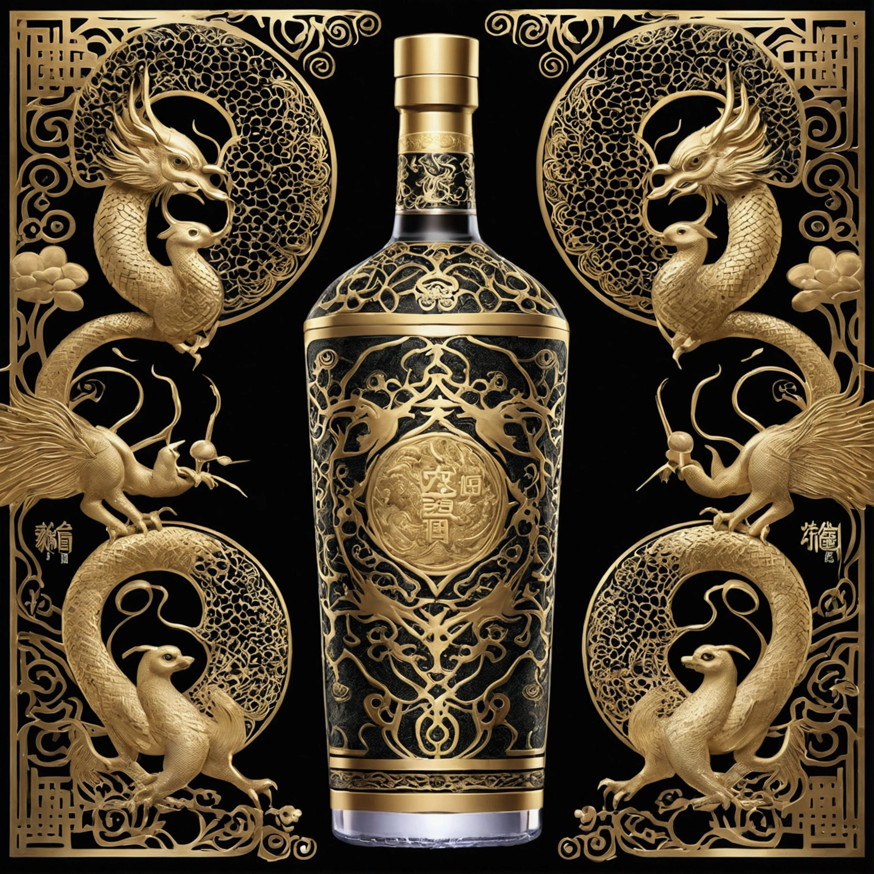 Noisy album cover,The main body is a bottle with Chinese mythology as the theme、Complex pattern liquor
