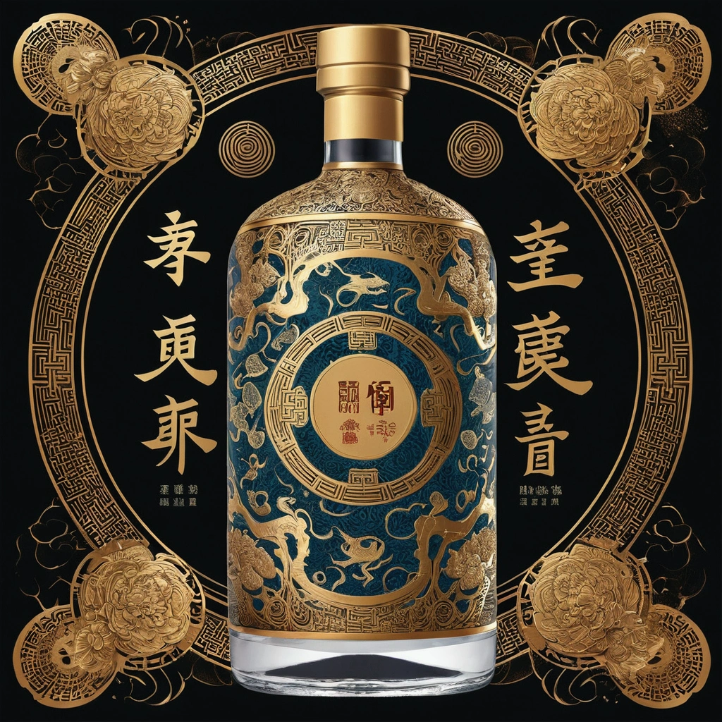 Noisy album cover，The main body is a bottle with Chinese mythology as the theme、Complex pattern liquor