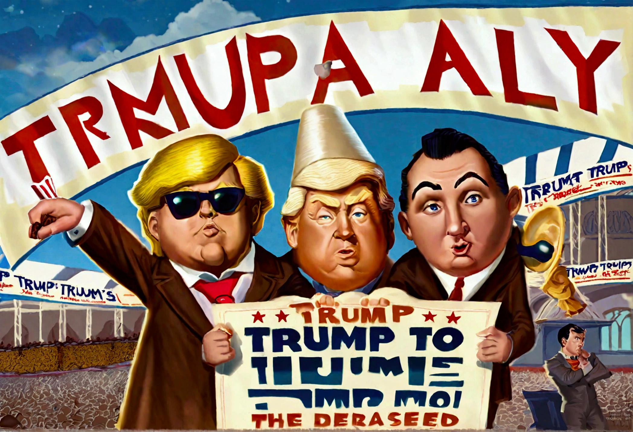 the three stooges (Moe, Larry, and Curly) (dressed appropriate to the scene), attend a Trump rally (huge crowd) and hold up a Trump banner, 1940s styling