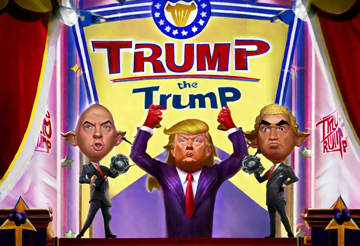 the three stooges (Moe, Larry, and Curly) (dressed appropriate to the scene), attend a Trump rally (huge crowd) and hold up a Trump banner, 1940s styling