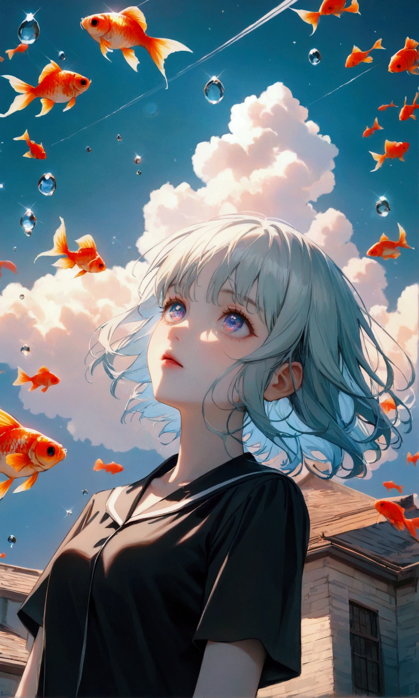 (woman\(student, , Jie Kang, Silver flowing short hair, Cosmic eyes, black school, pale skin, face exhausted,There is no light in the eyes\) Looking up at the sky), (So many goldfish swimming in the air), Beautiful sky, Beautiful clouds, Colorful flowers bloom everywhere in summer, (Crystal clear bubbles sparkle in the sky), There is a midday moon and a midday star in the sky, woman is at messy downtown, rest ,quality\(8k,極為細緻的CG單元wallpaper, masterpiece,High resolution,top-quality,top-quality real texture skin,Surreal,提High resolution,original photo,最好的quality,Very detailed,wallpaper,movie lighting,Ray tracing,golden ratio\),(long shot),Wide-angle lens,