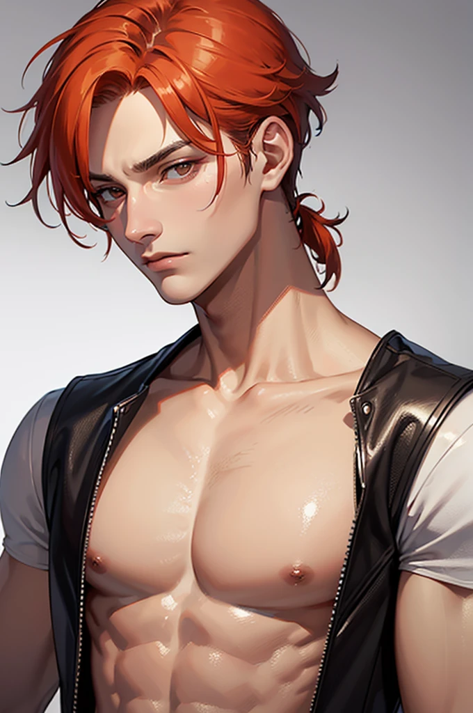 (Absurd, High resolution, Ultra-detailed), 1 male, Adult, good looking, Muscular face, Broad shoulders, Detailed drawn eyes, Orange Hair, Hair style slicked back, Brown eyes, Leather Vest, wonderful, mysterious, Bright glow,  Serious expression, cold, Thoughtful,