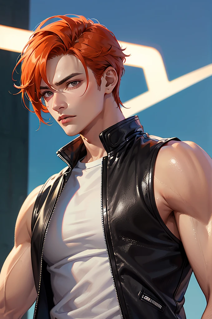 (Absurd, High resolution, Ultra-detailed), 1 male, Adult, good looking, Muscular face, Broad shoulders, Detailed drawn eyes, Orange Hair, Hair style slicked back, Brown eyes, Leather Vest, wonderful, mysterious, Bright glow, Serious expression, cold, Thoughtful,