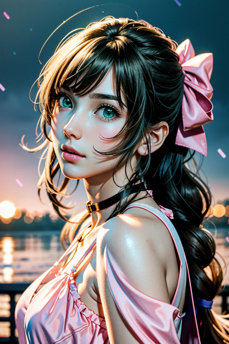 (masterpiece, 最high quality)
Aeris FF7, 1 Girl, alone, Long Hair, bangs, Brown Hair, dress, bow, ribbon, jewelry, Closed Mouth, Green Eyes, Red jacket, hair ピンクribbon, Upper Body, Braid, hair bow, Side Lock, choker, necklace, lips, parted bangs, pink bow, Portraiture, ピンクdress, Photorealistic,Ultra HD,high quality,masterpiece,Digital SLR,Detailed details,Intricate details,Anatomical basis,Depicted in detail,A detailed face,Realistic skin texture,Vivid details,Perfect Anatomy,Perfect Anatomy,Anatomically correct hand,Anatomically correct fingers,Super Detail,Complex 3D rendering,Huge ,Sexy pose,Beautiful hydrangea,Rainy Sky,Beautiful scenery,Fantastic rainy sky,Beautiful night sky,Picturesque,Pink Lips,smile,Fantastic butterflies々,