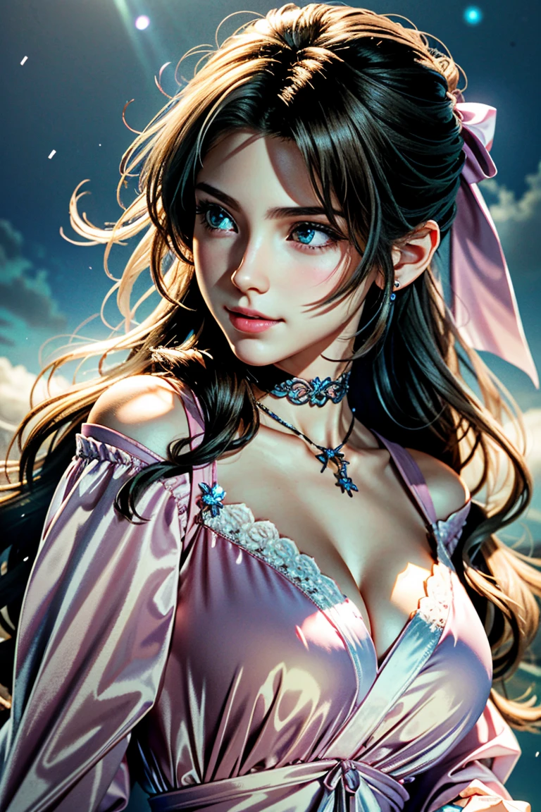 (masterpiece, 最high quality)
Aeris FF7, 1 Girl, alone, Long Hair, bangs, Brown Hair, dress, bow, ribbon, jewelry, Closed Mouth, Green Eyes, Red jacket, hair ピンクribbon, Upper Body, Braid, hair bow, Side Lock, choker, necklace, lips, parted bangs, pink bow, Portraiture, ピンクdress,  Photorealistic,Ultra HD,high quality,masterpiece,Digital SLR,Detailed details,Intricate details,Anatomical basis,Depicted in detail,A detailed face,Realistic skin texture,Vivid details,Perfect Anatomy,Perfect Anatomy,Anatomically correct hand,Anatomically correct fingers,Super Detail,Complex 3D rendering,Huge ,Sexy pose,Beautiful hydrangea,Rainy Sky,Beautiful scenery,Fantastic rainy sky,Beautiful night sky,Picturesque,Pink Lips,smile,Fantastic butterflies々,
