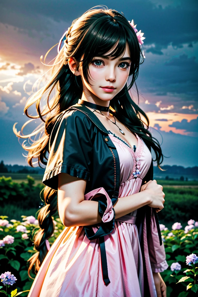 (masterpiece, 最high quality)
Aeris FF7, 1 Girl, alone, Long Hair, bangs, Brown Hair, dress, bow, ribbon, jewelry, Closed Mouth, Green Eyes, Red jacket, hair ピンクribbon, Upper Body, Braid, hair bow, Side Lock, choker, necklace, lips, parted bangs, pink bow, Portraiture, ピンクdress, Photorealistic,Ultra HD,high quality,masterpiece,Digital SLR,Detailed details,Intricate details,Anatomical basis,Depicted in detail,A detailed face,Realistic skin texture,Vivid details,Perfect Anatomy,Perfect Anatomy,Anatomically correct hand,Anatomically correct fingers,Super Detail,Complex 3D rendering,Huge ,Sexy pose,Beautiful hydrangea,Rainy Sky,Beautiful scenery,Fantastic rainy sky,Beautiful night sky,Picturesque,Pink Lips,smile,Fantastic butterflies々,