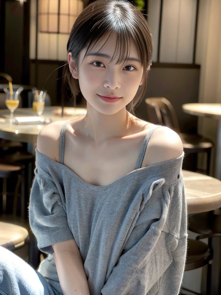 (best quality), masterpiece, photorealistic, portrait photo of a japanese woman, 20 years old, realistic skin, eye catch, medium breasts, off-shoulder t-shirt, at cafe、大きな胸、明るいライティング