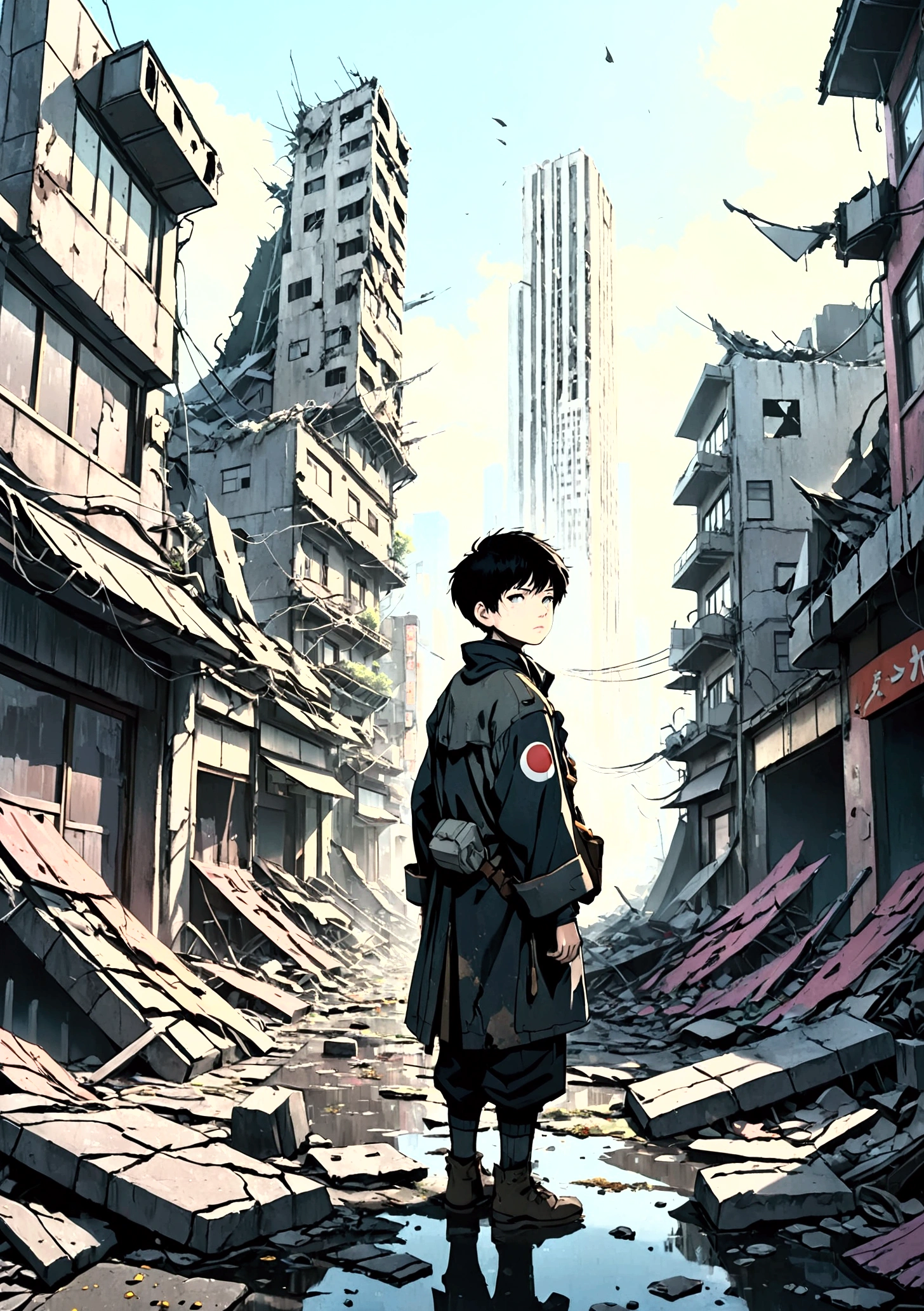 A boy living in a collapsing Japanese city, Floating Debris, Beautiful attention to detail, Beautiful lip detail, Very detailed目と顔, Long eyelashes, , Ruined cityscape, Post-apocalyptic, Very detailed, 4K, 8k, Realistic, Cinema Lighting, Dramatic colors, Calm Tones, Grainy, Dystopia, sf, Concept Art