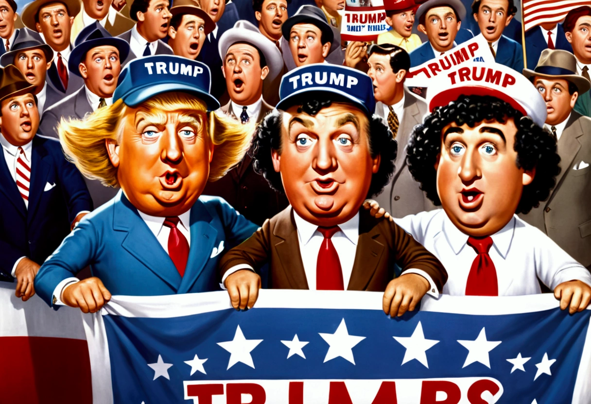 the three stooges (Moe, Larry, and Curly) (dressed appropriate to the scene), attend a Trump rally (huge crowd) and hold up a Trump banner, 1940s styling
