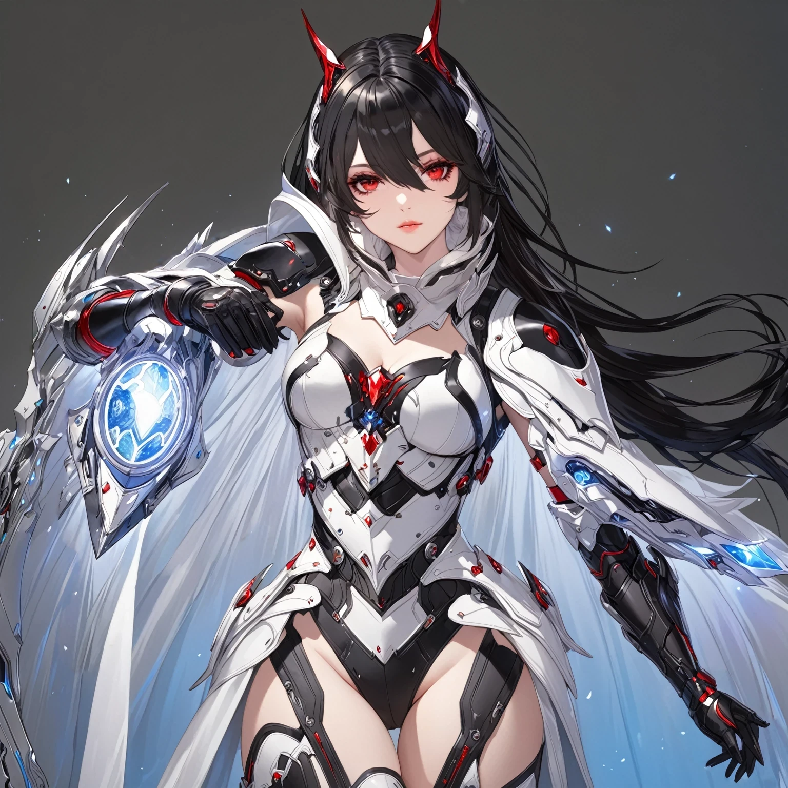 masterpiece, best quality, good quality, Highly detailed, shadowverse style, female, red eyes, white with black hair mix, modern fantasy sci-fi aesthethic