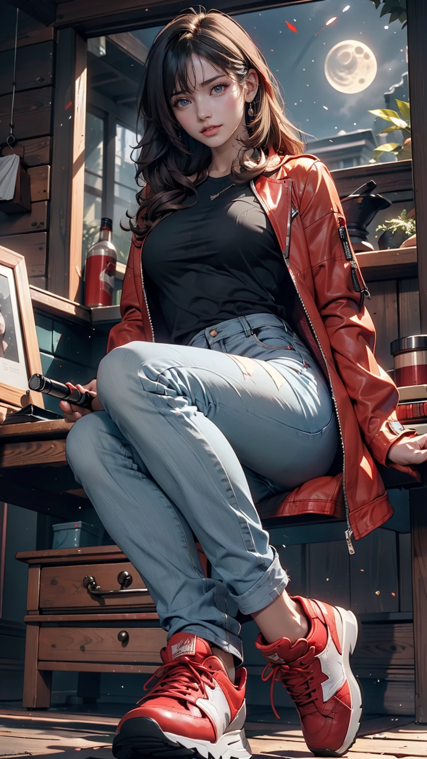 (Sci-fi fantasy), (masterpiece), (Professional Oil Painting) (Highest quality), (8k resolution), (1 beautiful girl), ((Pale grey skin)), (Iron grey skin), ((Jeans Clothes)),(Red jacket)), ((Black t-shirt underneath), ((Red lipstick)), ((Black sneakers)), (Concept Art), Small box, (Long Hair), (Messy Hair), (Gray Hair), (Iron-gray hair), ((With futuristic weapons)), (ammunition), ((Moonlight at night)), (Sit down and think))