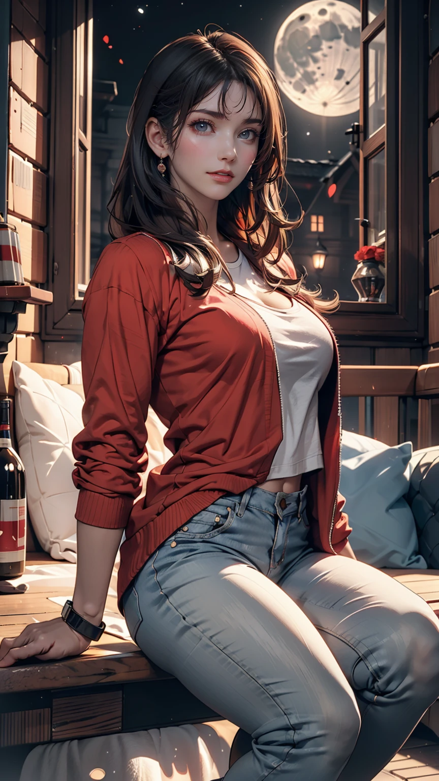 (8k, best quality, masterpiece:1.2), (realistic, photo-realistic:1.37), ultra-detailed, 1 girl,cute, solo, ,beautiful detailed blue eyes, medium wavy hair, lying on a bed, smiling, looking at viewer, ,light brown hair, full body view, , whole body shot,, nsfw, choker, , busty, , thick thighs, naked, big breasts, blue jacket, spread legs, red hat
