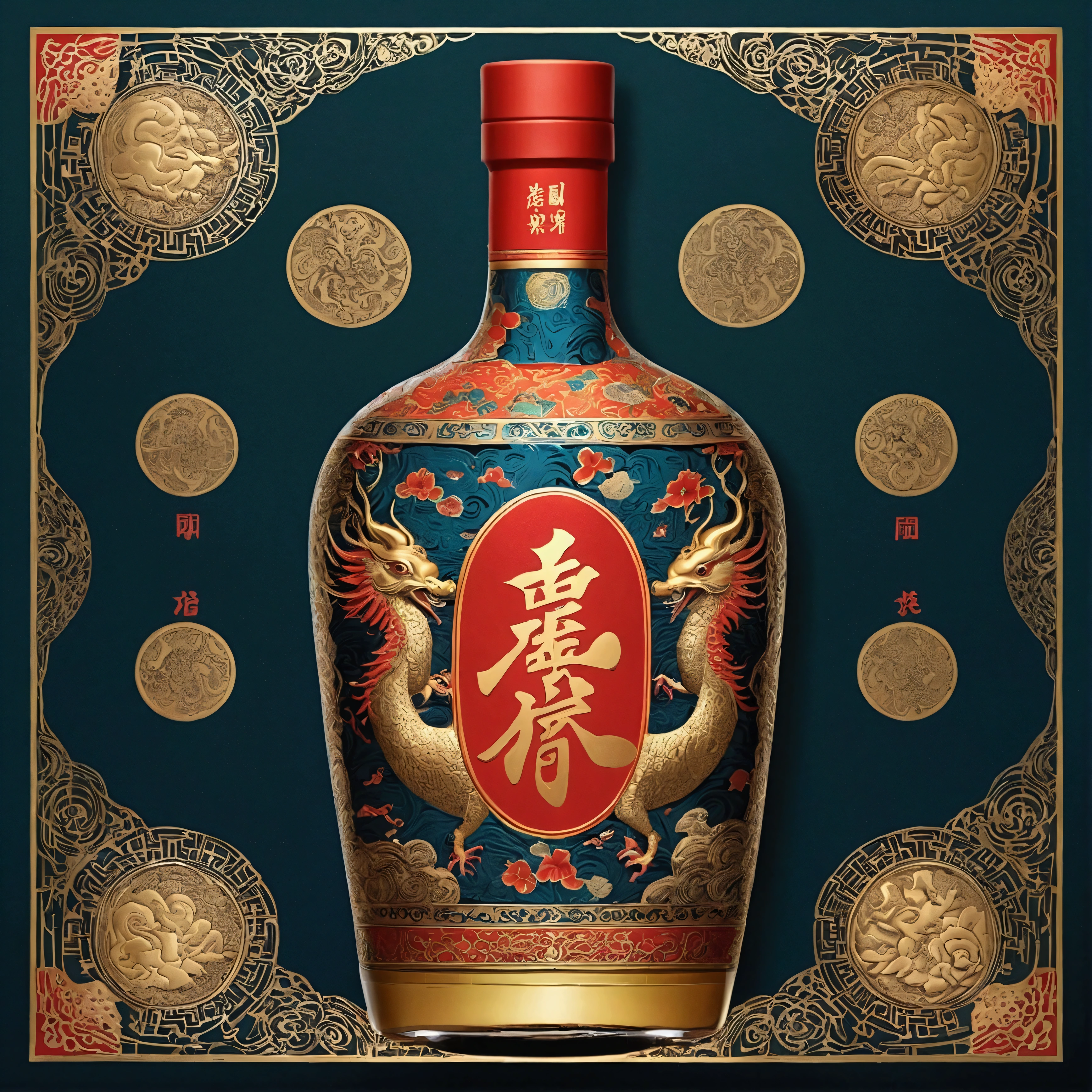 Noisy album cover，The main body is a bottle with Chinese mythology as the theme、Complex pattern liquor