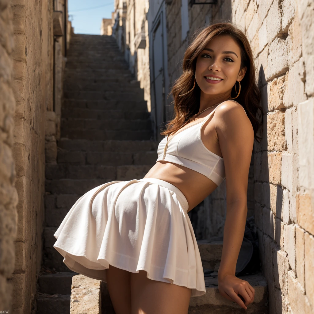 Documentary photo of a gorgeous 50 years old redhead woman goes down the stairs in a alley of Matera, (beautiful face:1.3), real skin pores, skin imperfections, perfect face. Long loose hair. (1woman), She wears the classic long white vestal toga of the ancient Greeks, long white skirt, (long white vestal toga:1.3), bare shoulders, sleeveless, (long white skirt moved by the wind, raised by the wind). Going down the steps in sassi_di_matera. Necklace and earrings, slightly open mouth, moles on skin. The wind lifts her toga showing off her panties. Upskirt in bright sunny day. High-heeled shoes. Partially visible vulva behind panties. Looking at viewer smiling, perfect beautiful face, red slightly separated lips. Photorealistic solo woman. Partially visible hairy genitals. Clear blue cloudy sky. Frontal view. Photorealistic image. Realistic hands. [The character is surrounded by mist, evoking a mysterious and eerie atmosphere. The lighting is dark and atmospheric, with smoke adding a touch of sinister ambiance. Best quality image, HDR enhancement, showcasing the utmost level of detail and realism, full body shot:1.5]. [8K, Best Quality, Ultra High Resolution, (highly detailed CG unity 8k wallpaper), (best photo), (best shadows), isometric 3D, octane rendering, ray tracing, highly detailed, (Best quality, 4K, 8k:1.2), absurdity, ultra detailed, (realistic, photorealistic, photorealistic:1.37), complex parts, HDR, (complex parts:1.12), (hyper detailed, hyper realistic, Soft lighting, spicy:1.2), (complex parts, Hyper detailed:1.15). Blurred foreground. (backlit), masterpiece, high quality, brightness, chromatic aberration, foggy smoke, shadows, contrast, clear sky, (warm hue, warm tone), high details, natural reflections].