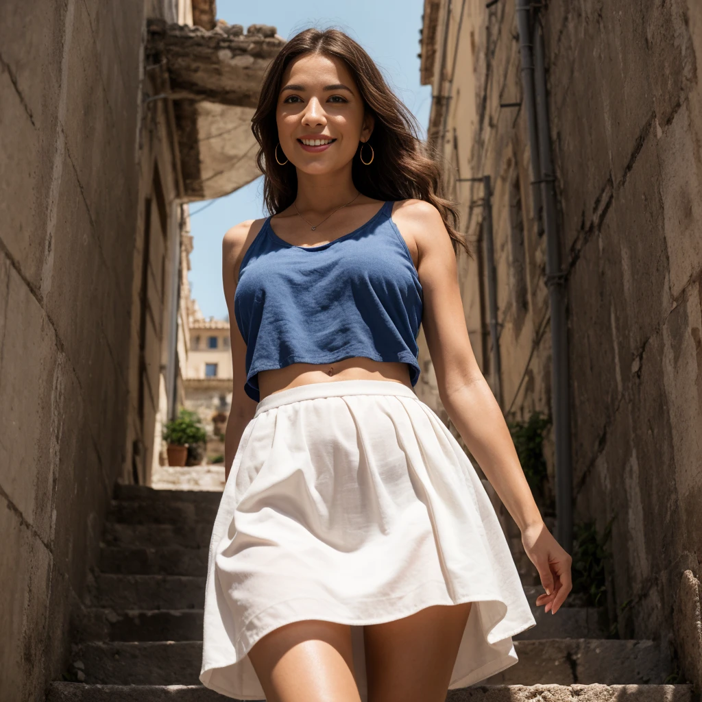 Documentary photo of a gorgeous 50 years old redhead woman goes down the stairs in a alley of Matera, (beautiful face:1.3), real skin pores, skin imperfections, perfect face. Long loose hair. (1woman), She wears the classic long white vestal toga of the ancient Greeks, long white skirt, (long white vestal toga:1.3), bare shoulders, sleeveless, (long white skirt moved by the wind, raised by the wind). Going down the steps in sassi_di_matera. Necklace and earrings, slightly open mouth, moles on skin. The wind lifts her toga showing off her panties. Upskirt in bright sunny day. High-heeled shoes. Partially visible vulva behind panties. Looking at viewer smiling, perfect beautiful face, red slightly separated lips. Photorealistic solo woman. Partially visible hairy genitals. Clear blue cloudy sky. Frontal view. Photorealistic image. Realistic hands. [The character is surrounded by mist, evoking a mysterious and eerie atmosphere. The lighting is dark and atmospheric, with smoke adding a touch of sinister ambiance. Best quality image, HDR enhancement, showcasing the utmost level of detail and realism, full body shot:1.5]. [8K, Best Quality, Ultra High Resolution, (highly detailed CG unity 8k wallpaper), (best photo), (best shadows), isometric 3D, octane rendering, ray tracing, highly detailed, (Best quality, 4K, 8k:1.2), absurdity, ultra detailed, (realistic, photorealistic, photorealistic:1.37), complex parts, HDR, (complex parts:1.12), (hyper detailed, hyper realistic, Soft lighting, spicy:1.2), (complex parts, Hyper detailed:1.15). Blurred foreground. (backlit), masterpiece, high quality, brightness, chromatic aberration, foggy smoke, shadows, contrast, clear sky, (warm hue, warm tone), high details, natural reflections].