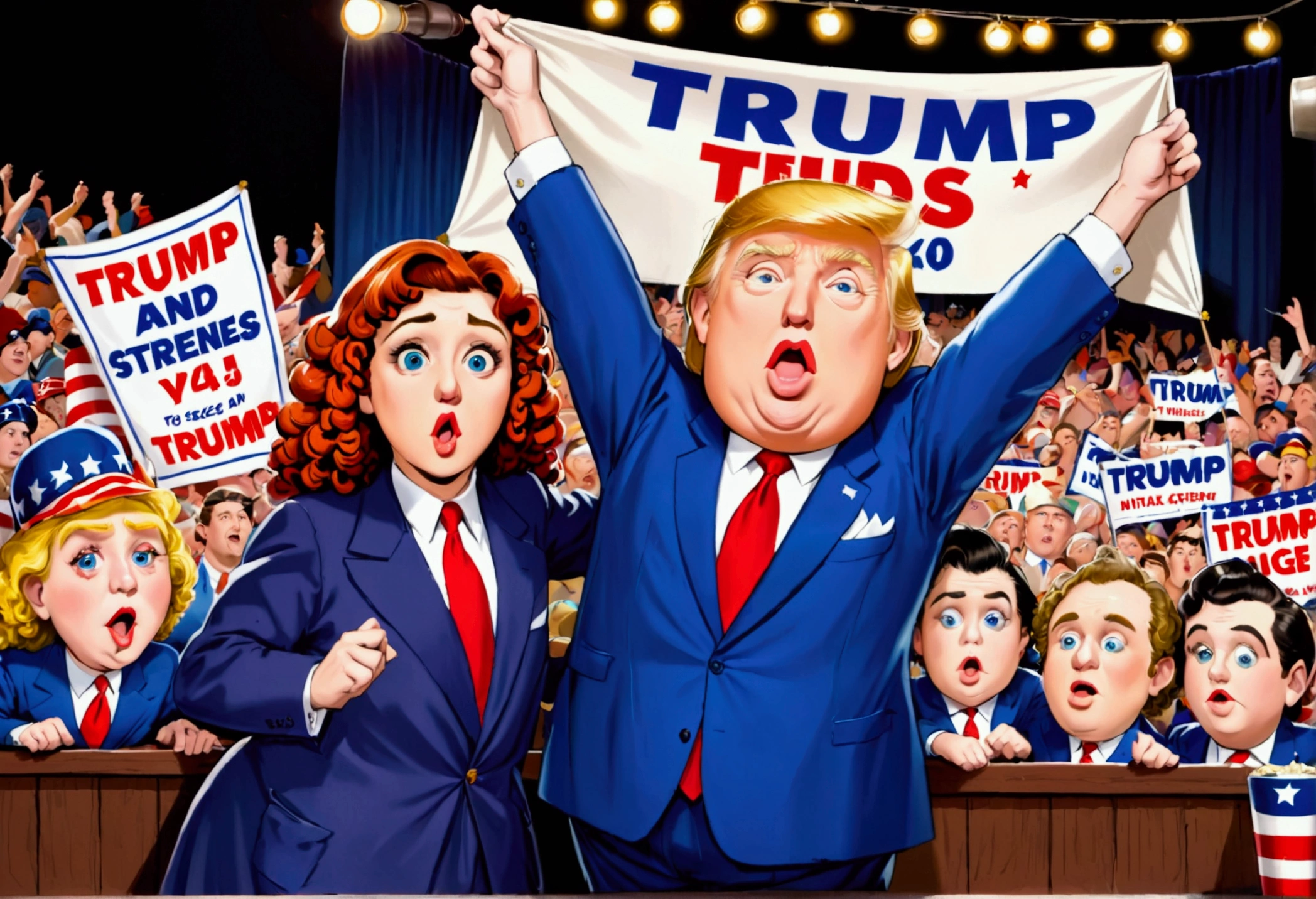 the three stooges (Moe, Larry, and Curly) (dressed appropriate to the scene), attend a Trump rally (huge crowd) and hold up a Trump banner, 1940s styling
