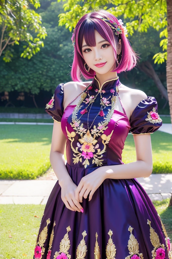 (masterpiece:1.4), (best quality:1.4), ultra high res, ultra high resolution, ((ultra detailed facial features)), HDR, (realistic, photorealistic, photo-realistic:1.37), full body Esbian, sexy Swedish model, (-anime), vivid colors, ((vivid colors multicolor (fuchsia, pink, light blue, purple) very short hair)), (seductive smile), ultra detailed metallic makeup, lip-gloss, long lashes, defined eyebrows, wearing large sparkling colorful jewelery, wearing a red silk Paradise Kiss cosplay dress with black floral embroidery, ((vivid colors outfit)), vivid colors, look at the camera, cinematic light, large park background with trees, sweet and sexy pose