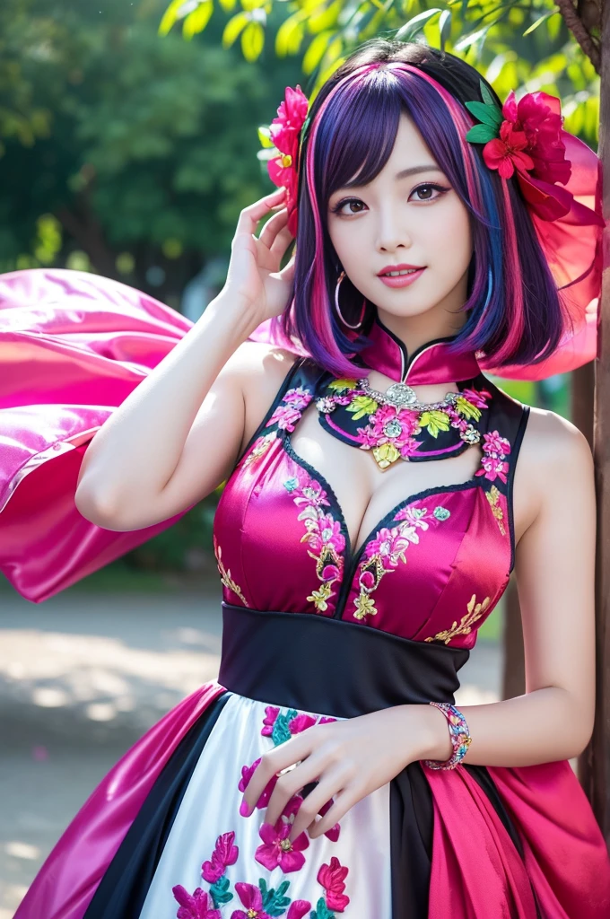 (masterpiece:1.4), (best quality:1.4), ultra high res, ultra high resolution, ((detailed facial features)), HDR, (realistic, photorealistic, photo-realistic:1.37), full body Esbian, sexy Vietnamese model, (-anime), vivid colors, ((vivid colors multicolor (pink, fuchsia, purple) very short hair)), (happy smile), lip-gloss, long lashes, ultra detailed metallic makeup, defined eyebrows, wearing large sparkling colorful jewelery, wearing a red silk Paradise Kiss cosplay dress with black floral embroidery, ((vivid colors outfit)), vivid colors, look at the camera, cinematic light, large park background with trees, sweet and sexy pose