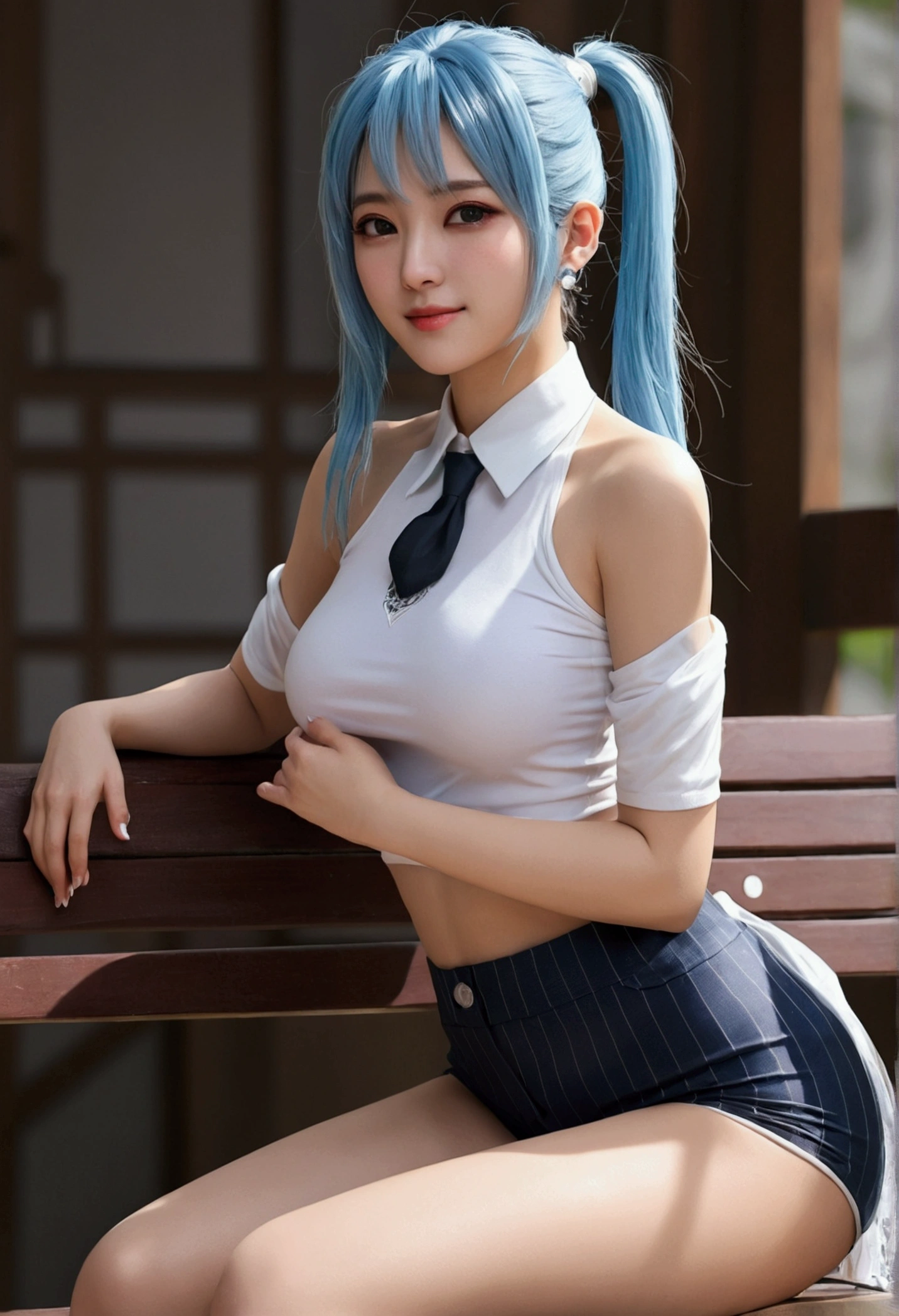 Walnut,vampire,assassin,charming,Mature,Sexy,Thin,齐Bangs,Long hair,天線Bangs,Double tail,高Double tail,Bangs cover one eye,Frightened,angry,Smile,blush,Red Nose,drunk,Look straight into the eyes,Exquisite eyes,Red lips,Perfect face,Cross your arms across your chest,暗Black皮肤,Dynamic poses,Fighting Stance,near,School swimsuit,damaged cloThing,cloak,Leather Skirt,Black,,Spandex luster,Laser reflective material,Detailed background,气泡angry,bubble blush,Heart-shaped,notes,Q version,Official Art,lifelike,Movie Angle,Dynamic Angle,Horizontal viewing angle,Depth of Field,light,rich and colorful,PBR Rendering+UE pull,32K,high resolution,high quality,Beautiful wallpapers,a white hair、Close-up of woman wearing white mask, Beautiful character painting, Gu Weiss, Gurwitz-style artwork, White-haired god, author:Yang Jie, Epic and beautiful character art, Stunning character art, author:Fan Qi, by Wuzhun Shifan, pixiv art station street Gu Weiss, Single ponytail, insult, High Ponytail, tall and big, Long legs, (Sleeveless lace shirt), (shorts), (Striped )), ((Striped )), Walk, elegant, dignified, Feminization, Beautiful curves, sweet smile, Strong sense of detail and layering, rich and colorful, Has a unique texture, rich and rich and colorful, color, vivid, Design Art, 16K, Very detailed, {{illustration}}, {Extremely refined}, {Exquisite surface treatment}, Very detailed, Delicate and shining eyes, {{light}}, 极致light效果, Model: realism, CFG size: 12, Laura: Bright texture (1.35), high quality, masterpiece, Exquisite facial features, Delicate hair depiction, Detailed depiction of the eyes, masterpiece, best quality, Ray Tracing, Extremely detailed CG unified 8k wallpaper, masterpiece, best quality, (1 girl), Perfect female image, (((White tight T-shirt))), beautiful eyes, (Delicate face), Black短发, Tie your hair up, Light Blue Hairpins, (White skin), (Optimal lighting), (Super intricate details), 4k unity, (Very detailed CG), Showing off her white legs, , Hot Pants, shorts,best quality, high resolution, Unique image, 1 girl,armpit, Put your arms behind your head, Bangs, Bare shoulders, Blue footwear, Blue Hair, Blue leggings, Weaving, Chest, 棕色Lift your legs, shut your mouth, bench, Cover your belly button, curtain, Slit collar, earrings, Eyebrow sling visible through hair, Gradient hair, Green Eyes, High heel, light blush, Looking at the audience, Messy hair, rich and rich and colorful hair, on bench, sit, Solitary, ,Lift your legs,大Long legs,Black