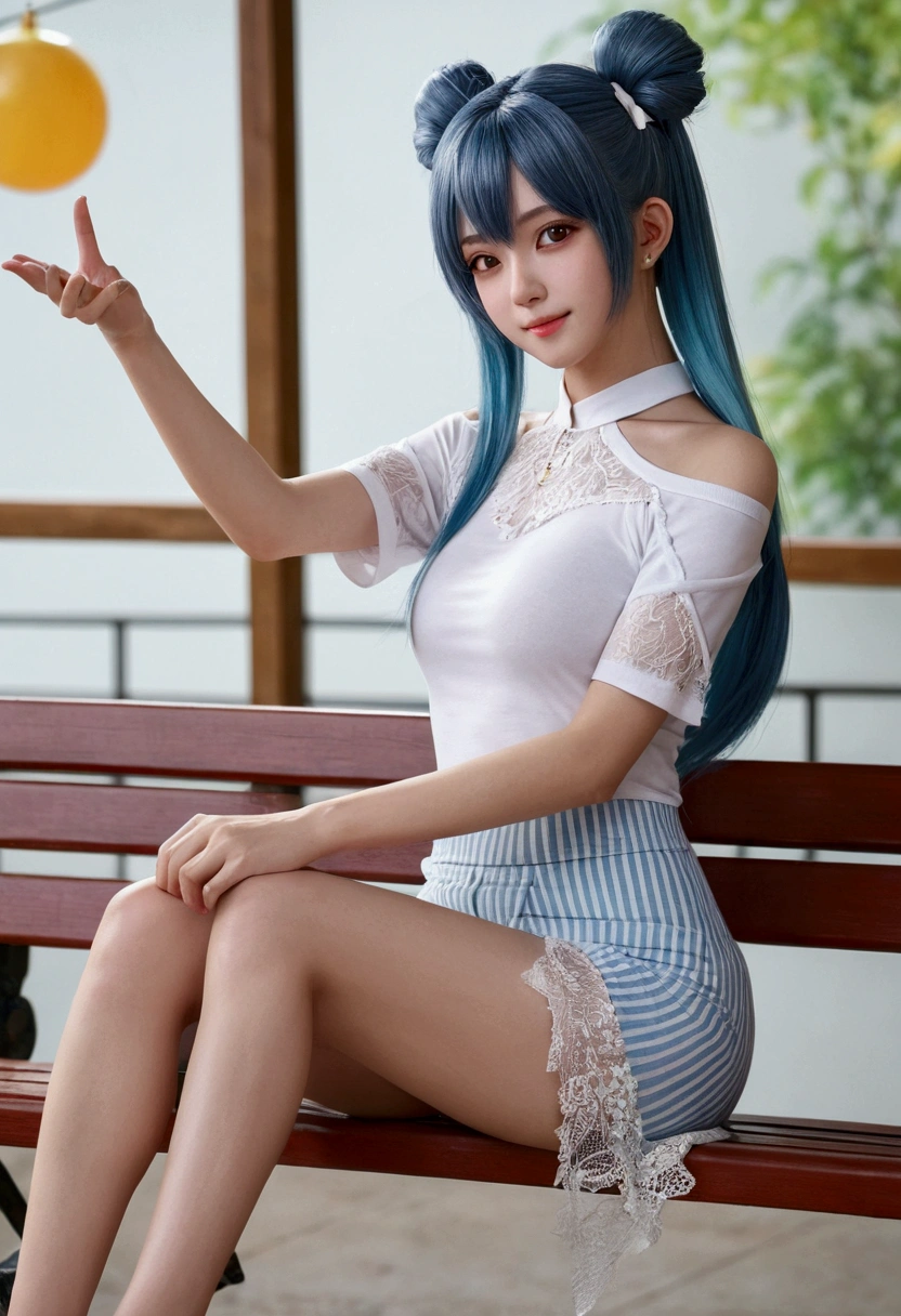 Walnut,vampire,assassin,charming,Mature,Sexy,Thin,齐Bangs,Long hair,天線Bangs,Double tail,高Double tail,Bangs cover one eye,Frightened,angry,Smile,blush,Red Nose,drunk,Look straight into the eyes,Exquisite eyes,Red lips,Perfect face,Cross your arms across your chest,暗Black皮肤,Dynamic poses,Fighting Stance,near,School swimsuit,damaged cloThing,cloak,Leather Skirt,Black,,Spandex luster,Laser reflective material,Detailed background,气泡angry,bubble blush,Heart-shaped,notes,Q version,Official Art,lifelike,Movie Angle,Dynamic Angle,Horizontal viewing angle,Depth of Field,light,rich and colorful,PBR Rendering+UE pull,32K,high resolution,high quality,Beautiful wallpapers,a white hair、Close-up of woman wearing white mask, Beautiful character painting, Gu Weiss, Gurwitz-style artwork, White-haired god, author：Yang Jie, Epic and beautiful character art, Stunning character art, author：Fan Qi, by Wuzhun Shifan, pixiv art station street Gu Weiss, Single ponytail, ??????, High Ponytail, tall and big, Long legs, (Sleeveless lace shirt), (shorts), (Striped )), ((Striped )), Walk, elegant, dignified, Feminization, Beautiful curves, sweet smile, Strong sense of detail and layering, rich and colorful, Has a unique texture, rich and rich and colorful, color, vivid, Design Art, 16K, Very detailed, {{illustration}}, {Extremely refined}, {Exquisite surface treatment}, Very detailed, Delicate and shining eyes, {{light}}, 极致light效果, Model: realism, CFG size: 12, Laura: Bright texture (1.35), high quality, masterpiece, Exquisite facial features, Delicate hair depiction, Detailed depiction of the eyes, masterpiece, best quality, Ray Tracing, Extremely detailed CG unified 8k wallpaper, masterpiece, best quality, (1 girl), Perfect female image, (((White tight T-shirt))), beautiful eyes, (Delicate face), Black短发, Tie your hair up, Light Blue Hairpins, (White skin), (Optimal lighting), (Super intricate details), 4k unity, (Very detailed CG), Showing off her white legs, , Hot Pants, shorts,best quality, high resolution, Unique image, 1 girl，armpit, Put your arms behind your head, Bangs, Bare shoulders, Blue footwear, Blue Hair, Blue leggings, Weaving, Chest, 棕色Lift your legs, shut your mouth, bench, Cover your belly button, curtain, Slit collar, earrings, Eyebrow sling visible through hair, Gradient hair, Green Eyes, High heel, light blush, Looking at the audience, Messy hair, rich and rich and colorful hair, on bench, sit, Solitary, ,Lift your legs,大Long legs，Black