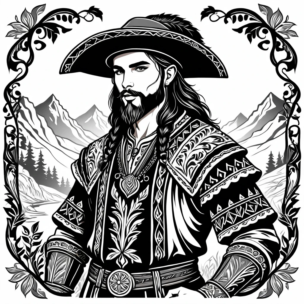 man in fantasy folk outfit, vector graphics, strong contours