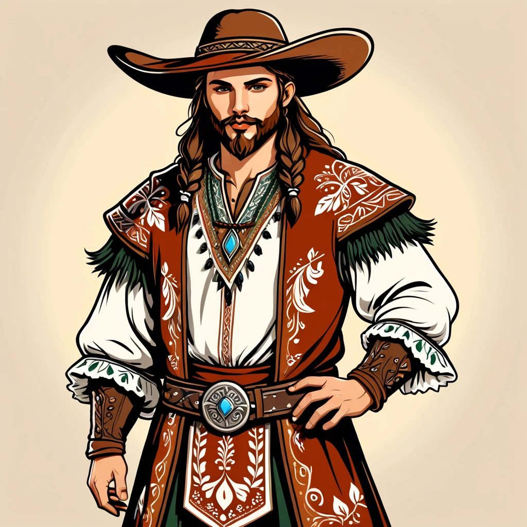 man in fantasy folk outfit, vector graphics, strong contours