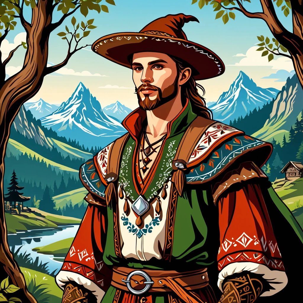 man in fantasy folk outfit, vector graphics, strong contours
