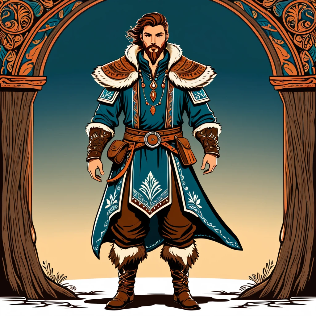 man in fantasy folk outfit, vector graphics, strong contours
