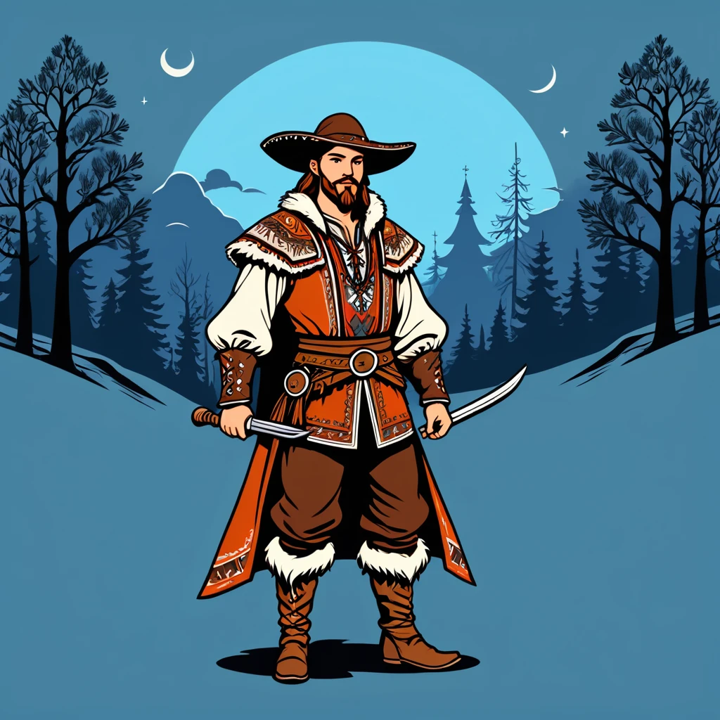 man in fantasy folk outfit, vector graphics, strong contours