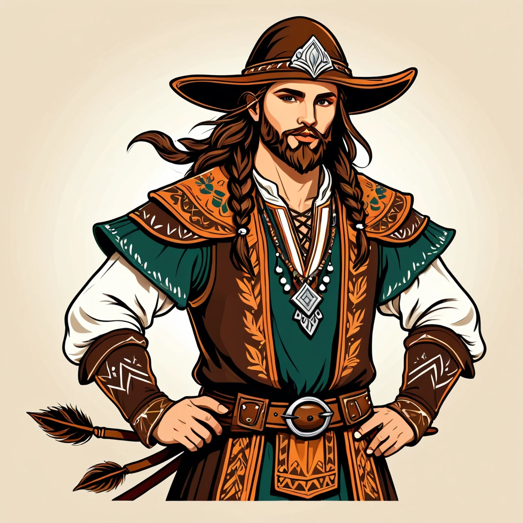 man in fantasy folk outfit, vector graphics, strong contours
