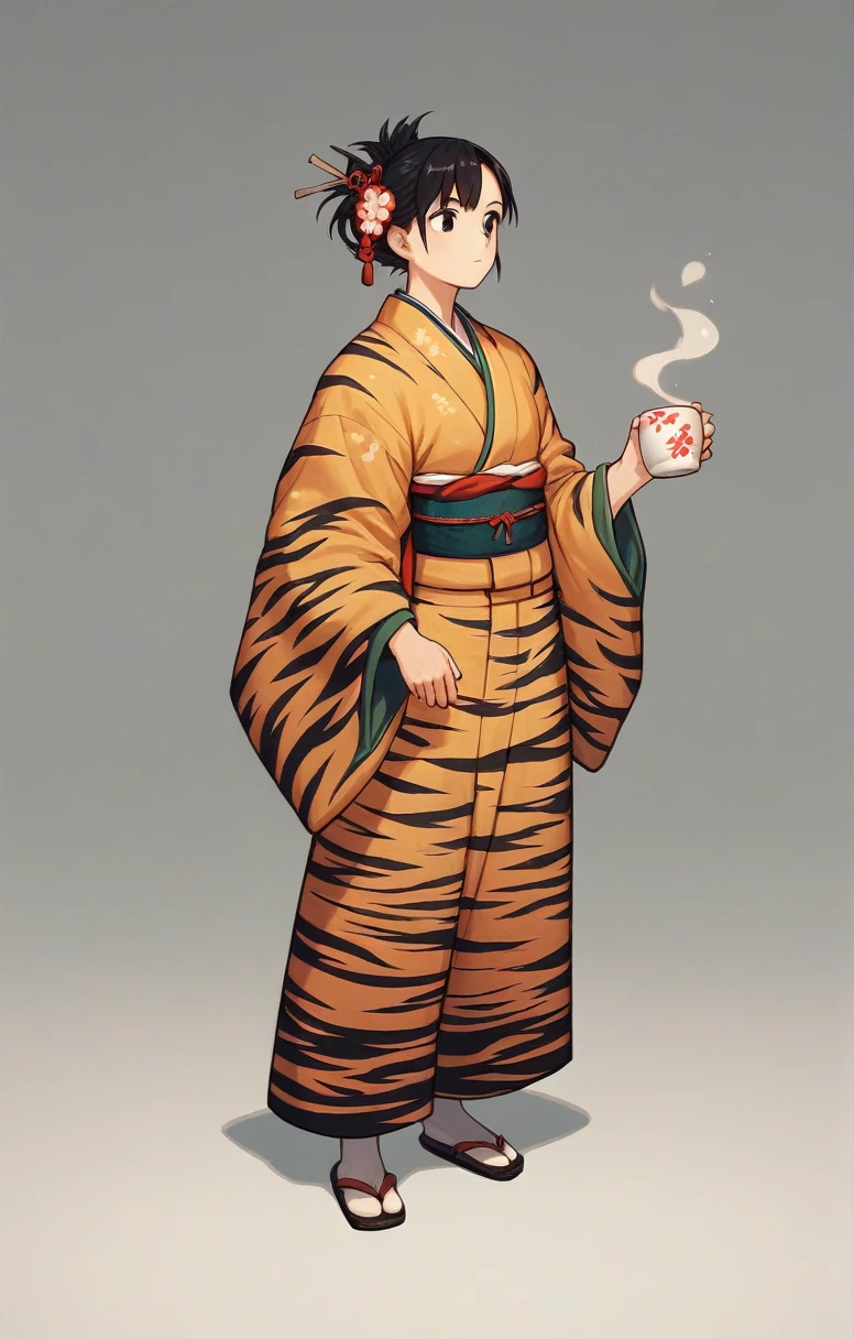 the (manga or anime) character ,(tiger_girl) , wearing (Japanese clothes) and (袴), (bare hands) , (A cup), full body --ar 4:7 --s 40