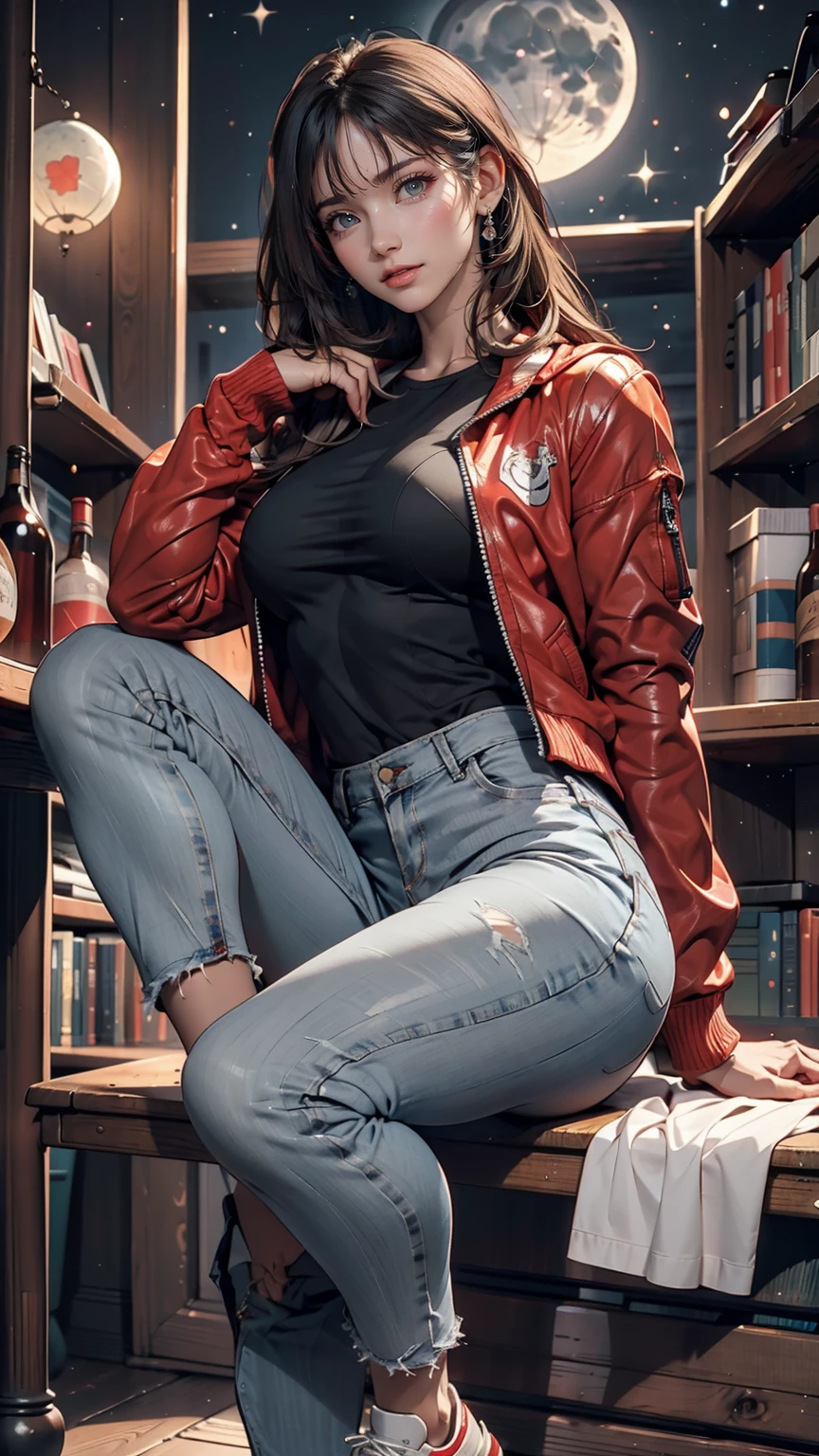 (Sci-fi fantasy), (masterpiece), (Professional Oil Painting) (Highest quality), (8k resolution), (1 beautiful girl), ((Pale grey skin)), (Iron grey skin), ((Jeans Clothes)),(Red jacket)), ((Black t-shirt underneath), ((Red lipstick)), ((Black sneakers)), (Concept Art), Small box, (Long Hair), (Messy Hair), (Gray Hair), (Iron-gray hair), ((With futuristic weapons)), (ammunition), ((Moonlight at night)), (Sit down and think))