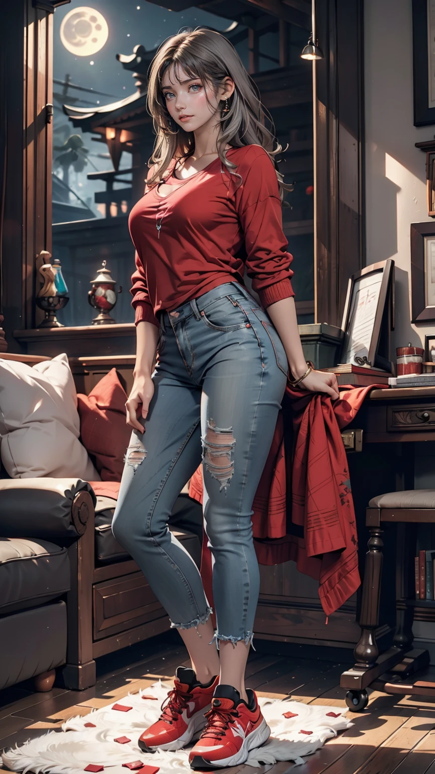 (Sci-fi fantasy), (masterpiece), (Professional Oil Painting) (Highest quality), (8k resolution), (1 beautiful girl), ((Pale grey skin)), (Iron grey skin), ((Jeans Clothes)),(Red jacket)), ((Black t-shirt underneath), ((Red lipstick)), ((Black sneakers)), (Concept Art), Small box, (Long Hair), (Messy Hair), (Gray Hair), (Iron-gray hair), ((With futuristic weapons)), (ammunition), ((Moonlight at night)), (Sit down and think))