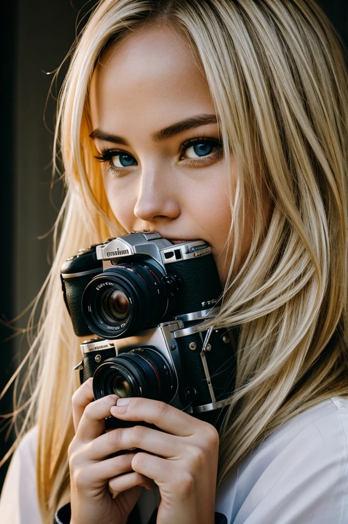 A blonde photographer whose face is captured by a camera, that holds them high, is hidden