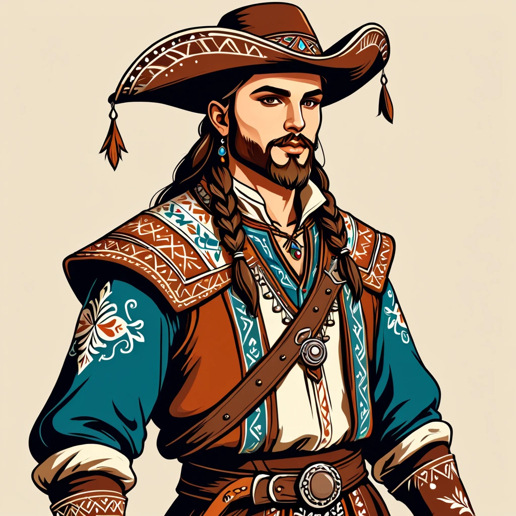 man in fantasy folk outfit, vector graphics, strong contours