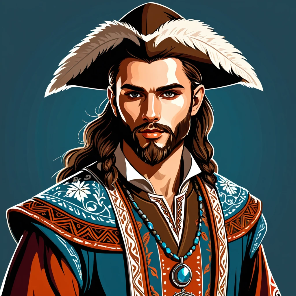 man in fantasy folk outfit, vector graphics, strong contours
